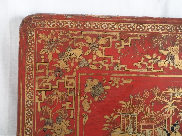 Panneau plateau en laque de Chine rouge et or - XIXe siècle