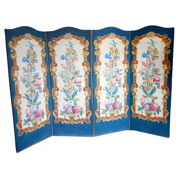 Louis XV style painted canvas screen, Napoleon III production, mid 19th century