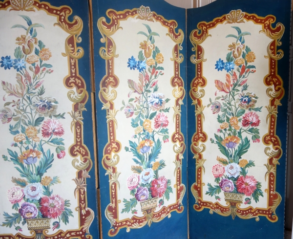 Louis XV style painted canvas screen, Napoleon III production, mid 19th century