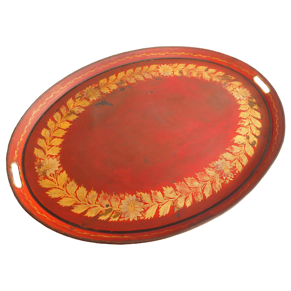 Large Empire red lacquered sheet metal serving tray enhanced with fine gold - 19th century