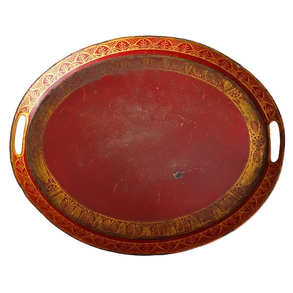 Grand plateau de service d'époque Empire en tôle laquée rouge et or