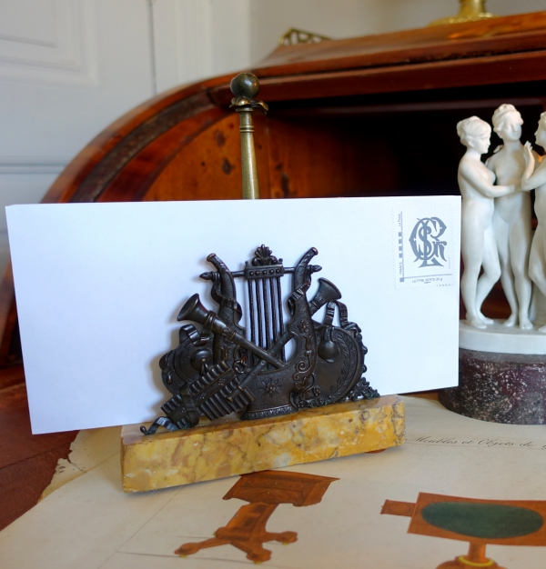 Empire patinated bronze and yellow Sienna marble mail holder, early 19th century