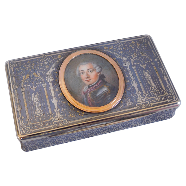 18th century miniature portrait of an aristocrat, gold frame set into a sterling silver snuffbox