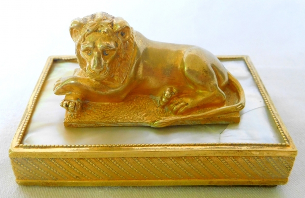 Empire ormolu and mother of pearl lion-shaped paperweight, early 19th century circa 1820