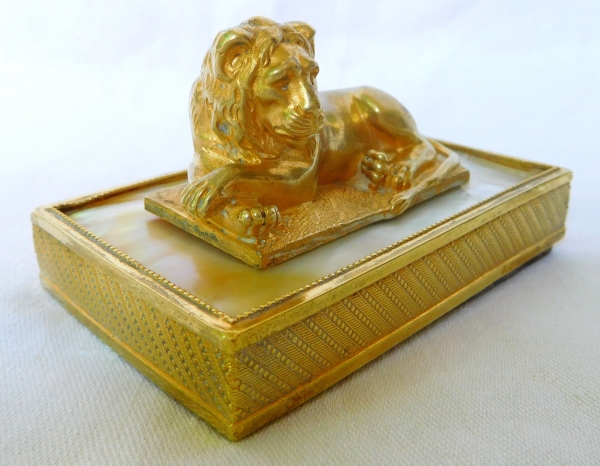 Empire ormolu and mother of pearl lion-shaped paperweight, early 19th century circa 1820