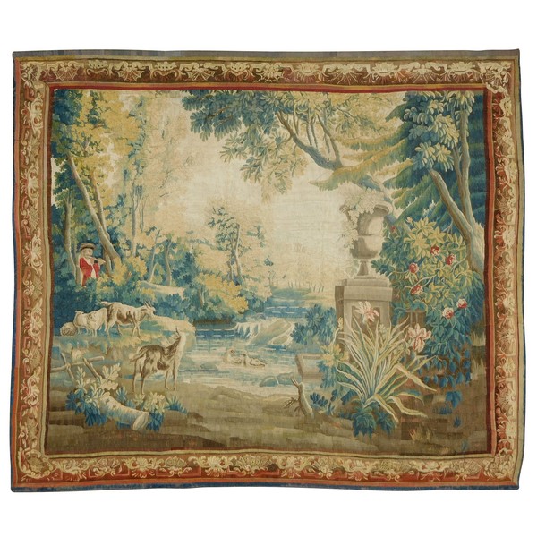 Tapisserie d'Aubusson polychrome d'époque Louis XV - XVIIIe : le gardien de chèvres - 255cm x 280cm