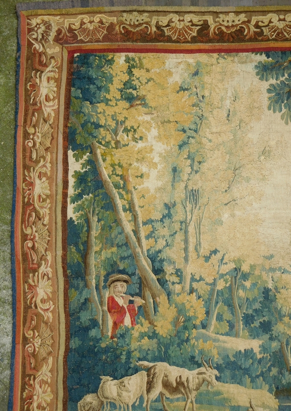 Tapisserie d'Aubusson polychrome d'époque Louis XV - XVIIIe : le gardien de chèvres - 255cm x 280cm