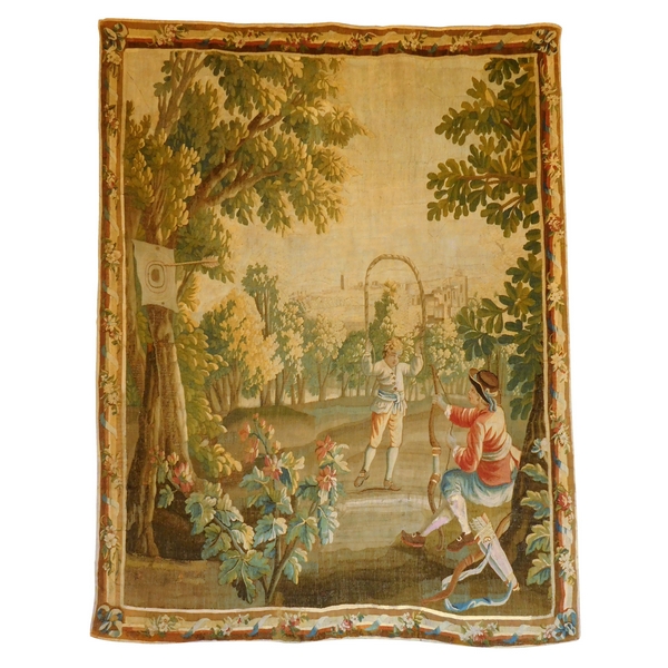 Tapisserie d'Aubusson polychrome, laine et soie, jeux dans le parc, époque Louis XVI 160cm x 200cm