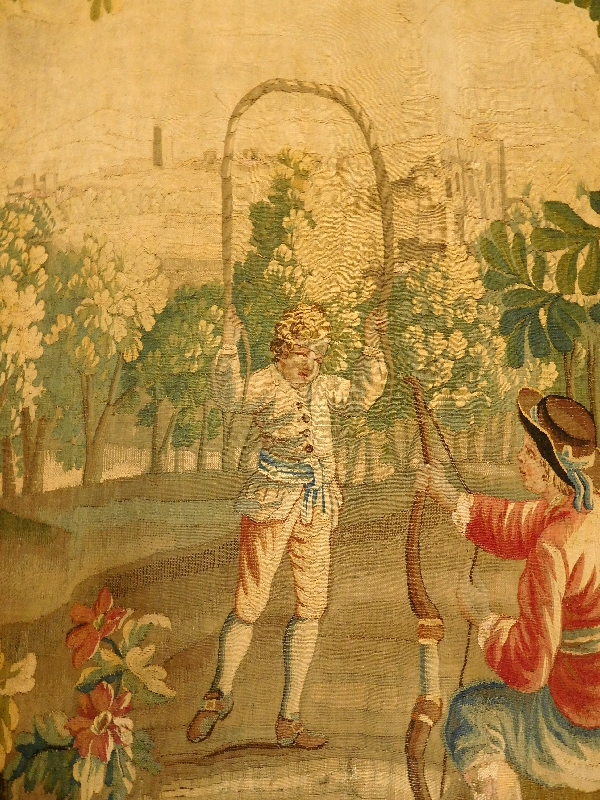 Tapisserie d'Aubusson polychrome, laine et soie, jeux dans le parc, époque Louis XVI 160cm x 200cm