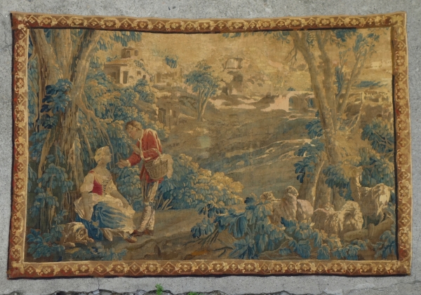 Tapisserie d'Aubusson polychrome d'époque Louis XV - XVIIIe siècle : scène pastorale - 257cm x 172cm