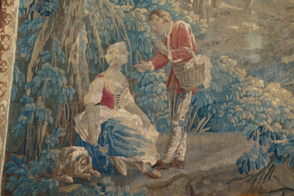 Tapisserie d'Aubusson polychrome d'époque Louis XV - XVIIIe siècle : scène pastorale - 257cm x 172cm