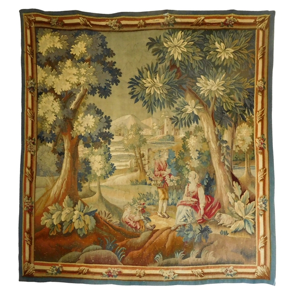 Tapisserie d'Aubusson polychrome, laine et soie, scène galante, époque Louis XVI - 190cm x 208cm