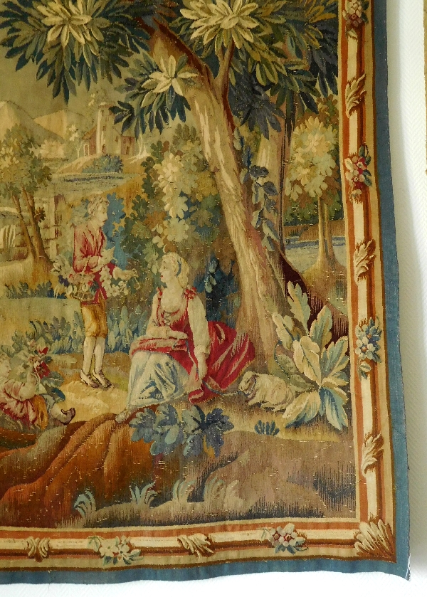 Tapisserie d'Aubusson polychrome, laine et soie, scène galante, époque Louis XVI - 190cm x 208cm