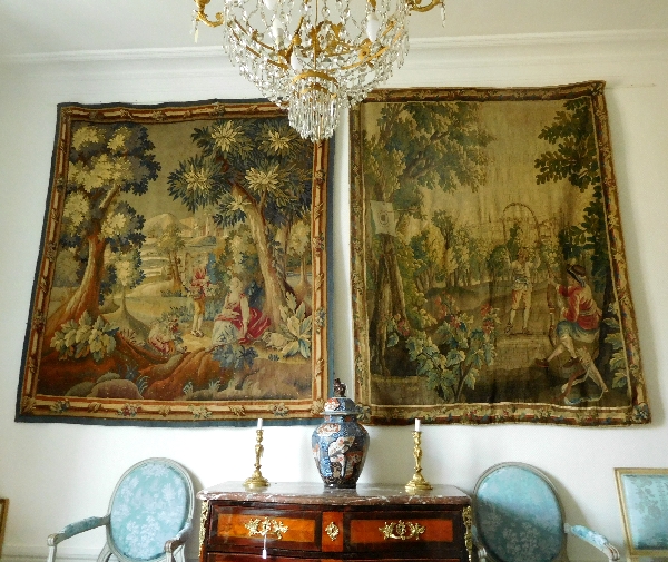 Tapisserie d'Aubusson polychrome, laine et soie, scène galante, époque Louis XVI - 190cm x 208cm