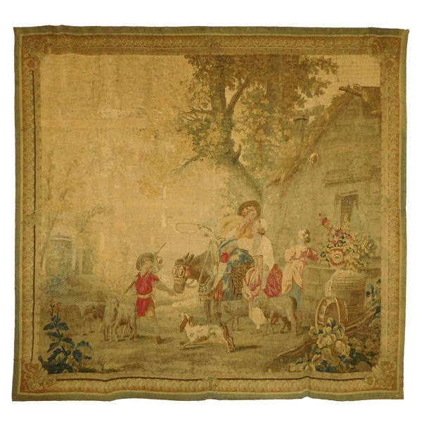 Tapisserie d'Aubusson polychrome d'époque Louis XVI, laine et soie : scène galante - 221cm x 228cm