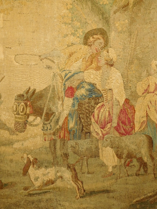 Tapisserie d'Aubusson polychrome d'époque Louis XVI, laine et soie : scène galante - 221cm x 228cm