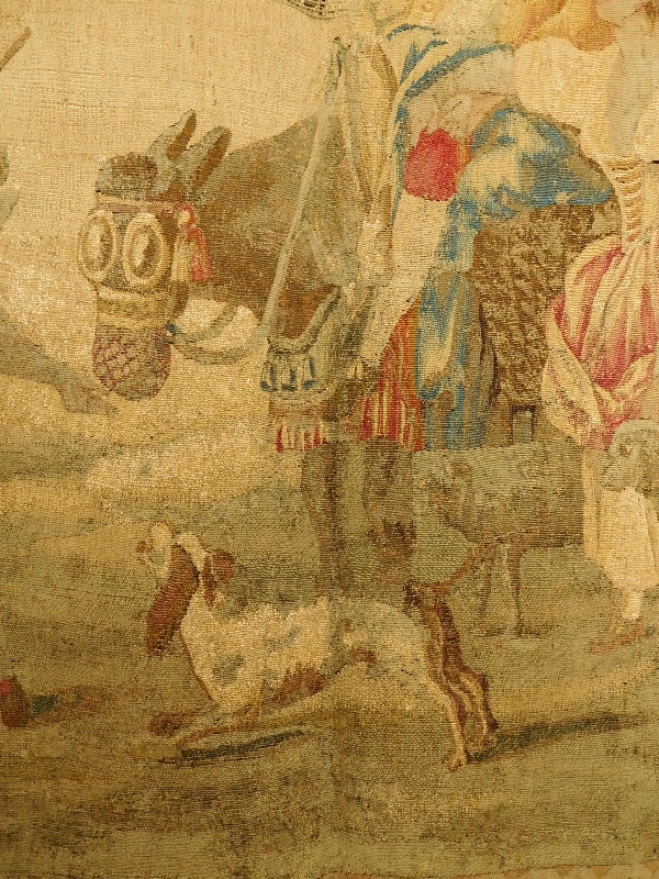 Tapisserie d'Aubusson polychrome d'époque Louis XVI, laine et soie : scène galante - 221cm x 228cm