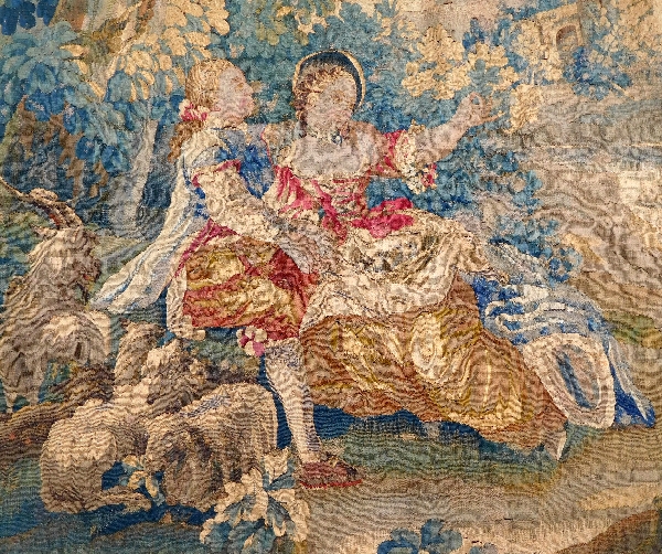 Tapisserie d'Aubusson polychrome, laine et soie, scène galante milieu XVIIIe siècle 188cm x 237cm