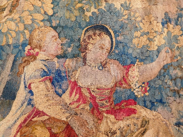 Tapisserie d'Aubusson polychrome, laine et soie, scène galante milieu XVIIIe siècle 188cm x 237cm