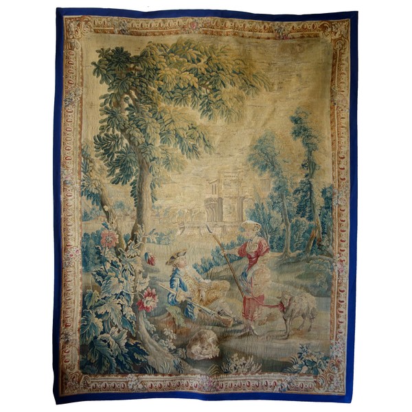 Tapisserie d'Aubusson polychrome d'époque Louis XV - XVIIIe siècle : scène pastorale - 258cm x 201cm