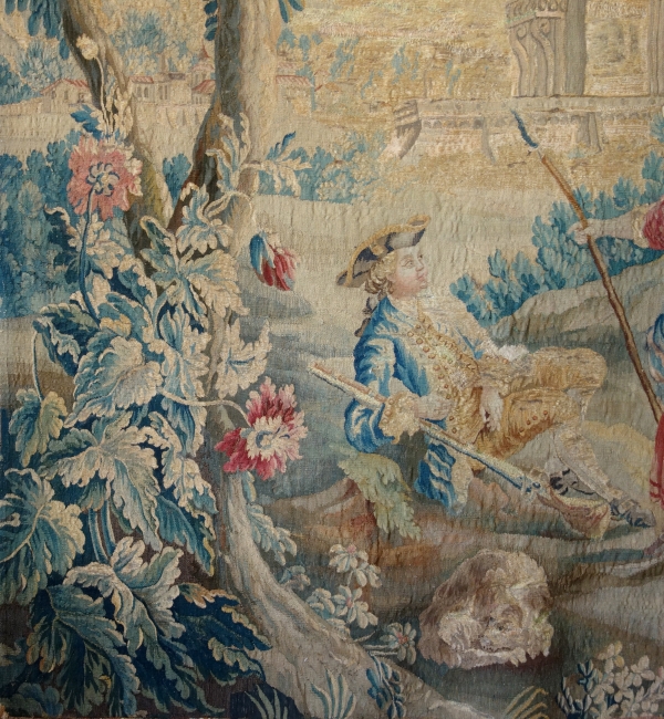 Tapisserie d'Aubusson polychrome d'époque Louis XV - XVIIIe siècle : scène pastorale - 258cm x 201cm