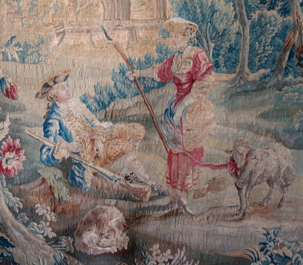 Tapisserie d'Aubusson polychrome d'époque Louis XV - XVIIIe siècle : scène pastorale - 258cm x 201cm