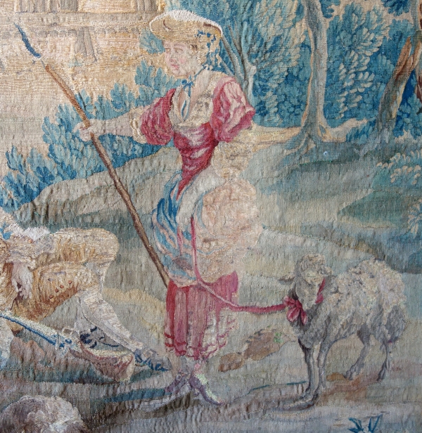 Tapisserie d'Aubusson polychrome d'époque Louis XV - XVIIIe siècle : scène pastorale - 258cm x 201cm