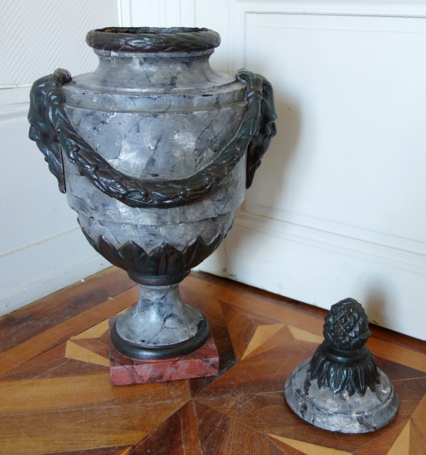 Tall cast iron vase / urn marble-style and bronze-style patinated, Louis XVI style - 79cm