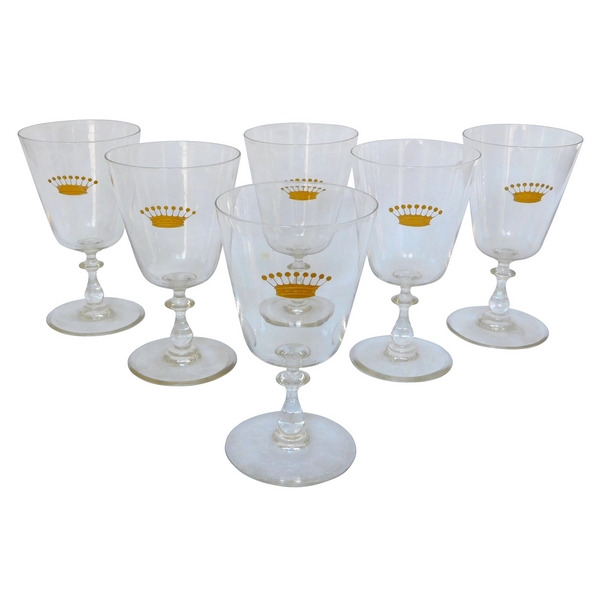 6 verres à eau en cristal de Baccarat, couronne de comte gravée et dorée à l'or fin