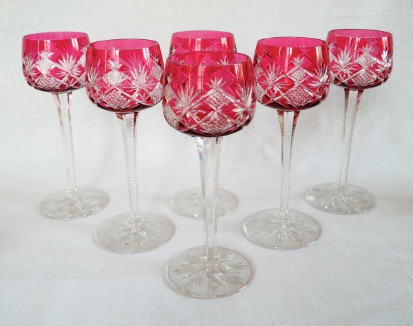 6 Baccarat crystal wine glasses (hock glasses / roemers) Hyeres pattern, pink overlay crystal