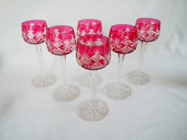 6 Baccarat crystal wine glasses (hock glasses / roemers) Hyeres pattern, pink overlay crystal