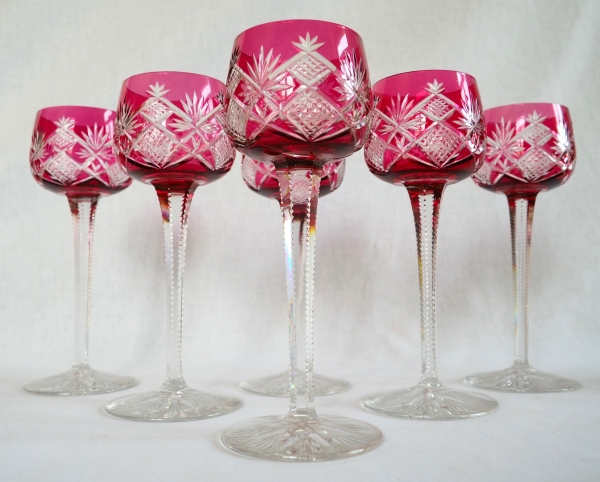 6 Baccarat crystal wine glasses (hock glasses / roemers) Hyeres pattern, pink overlay crystal