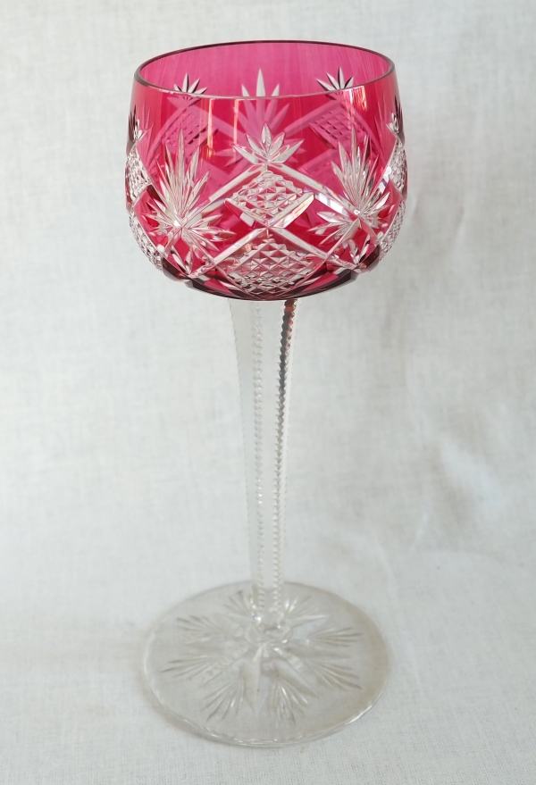6 Baccarat crystal wine glasses (hock glasses / roemers) Hyeres pattern, pink overlay crystal