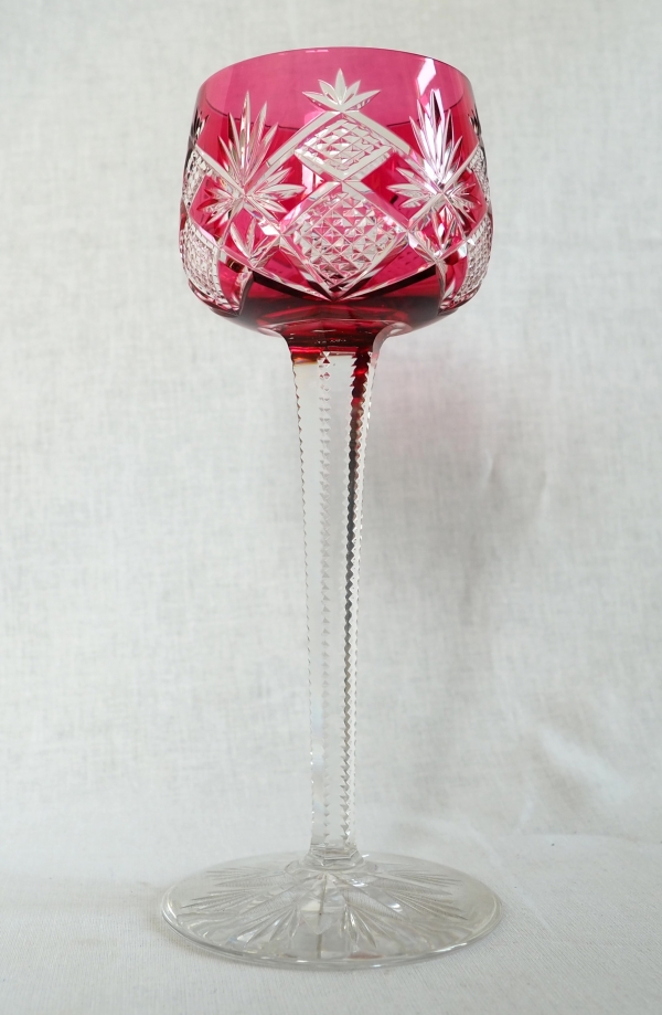 6 Baccarat crystal wine glasses (hock glasses / roemers) Hyeres pattern, pink overlay crystal
