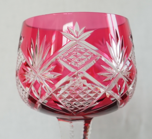 6 Baccarat crystal wine glasses (hock glasses / roemers) Hyeres pattern, pink overlay crystal