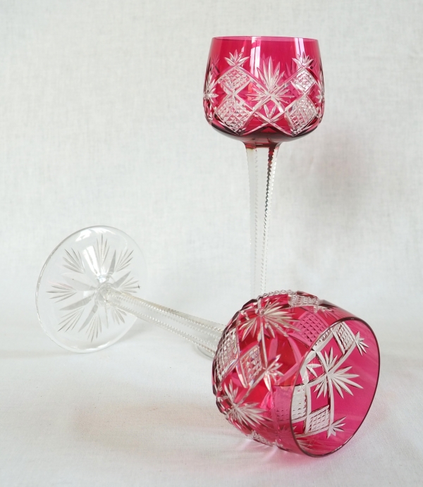 6 Baccarat crystal wine glasses (hock glasses / roemers) Hyeres pattern, pink overlay crystal
