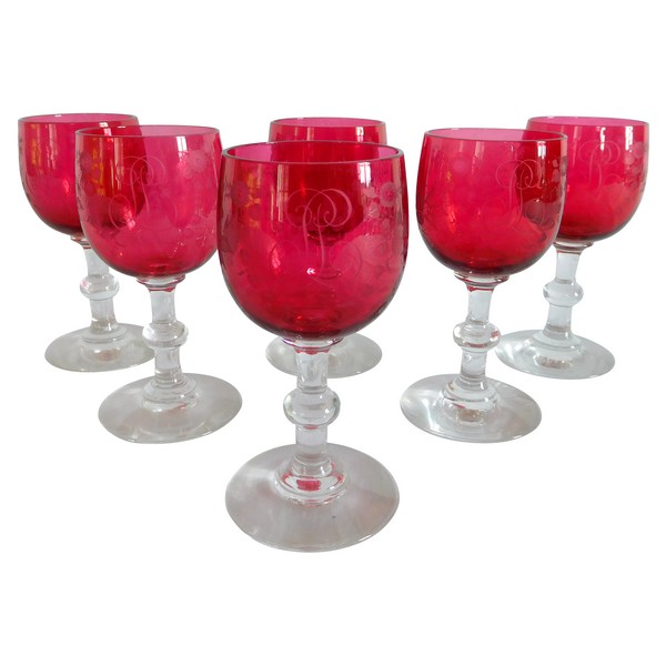 Set of 6 Baccarat crystal hock glasses / port glasses, pink overlay crystal