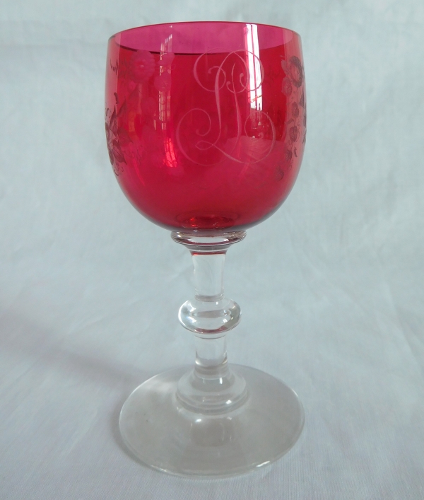 Set of 6 Baccarat crystal hock glasses / port glasses, pink overlay crystal