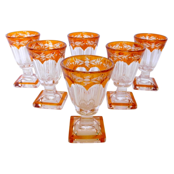 6 Baccarat crystal liquor glasses, rare orange overlay crystal, mid 19th century