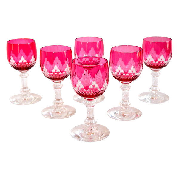 6 Baccarat crystal port glasses, Champigny pattern (Richelieu pattern), pink overlay crystal