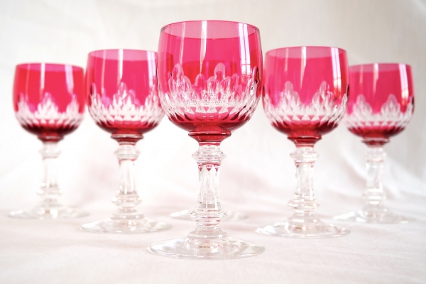 6 Baccarat crystal port glasses, Champigny pattern (Richelieu pattern), pink overlay crystal