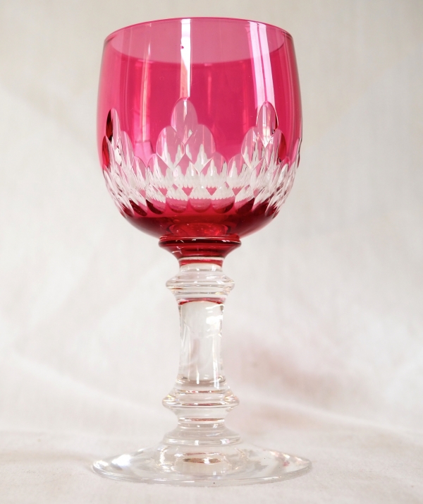 6 Baccarat crystal port glasses, Champigny pattern (Richelieu pattern), pink overlay crystal