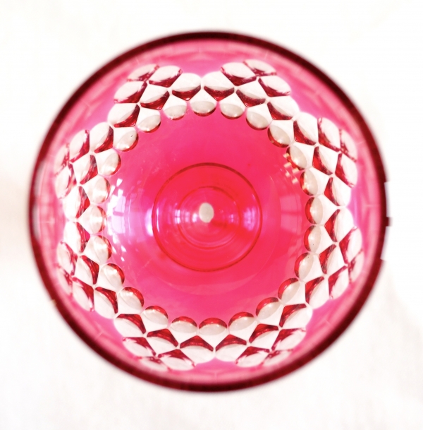 6 Baccarat crystal port glasses, Champigny pattern (Richelieu pattern), pink overlay crystal