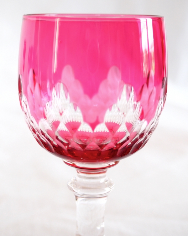 6 Baccarat crystal port glasses, Champigny pattern (Richelieu pattern), pink overlay crystal