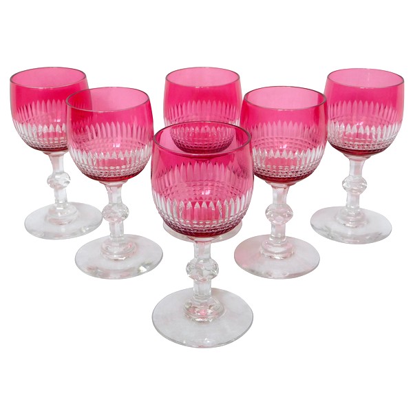 Set of 6 Baccarat crystal hock glasses / port glasses, pink overlay crystal