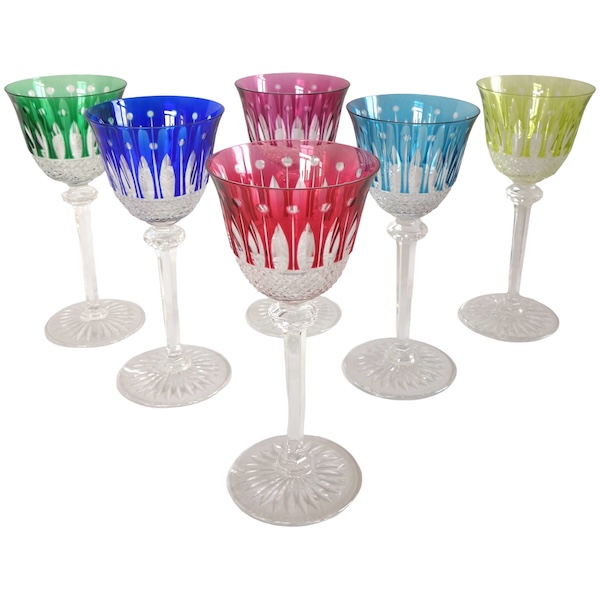 Set of 6 St Louis crystal hock glasses - roemers - Tommy pattern, overlay crystal - signed