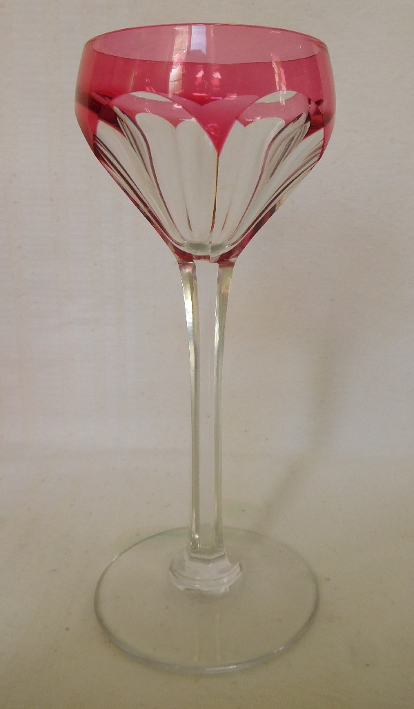 6 St Louis crystal wine glasses, pink overlay crystal, Ampere pattern