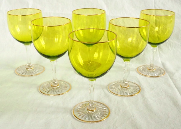 6 Baccarat crystal hock glasses, green overlay crystal enhanced with fine gold