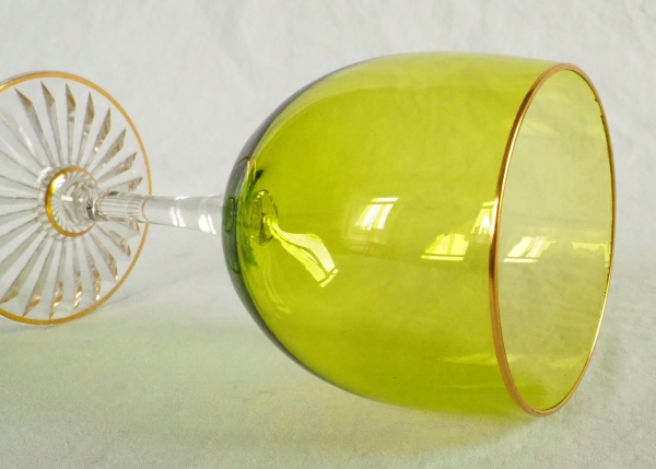 6 Baccarat crystal hock glasses, green overlay crystal enhanced with fine gold