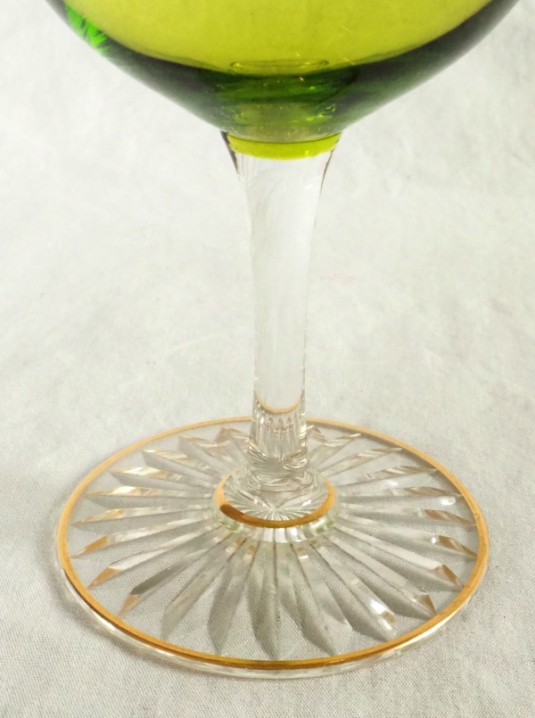 6 Baccarat crystal hock glasses, green overlay crystal enhanced with fine gold